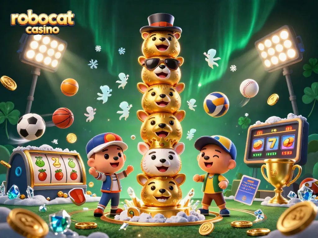 Experience the fun at robocat casino with vibrant 3D gaming elements in a dynamic illustration.
