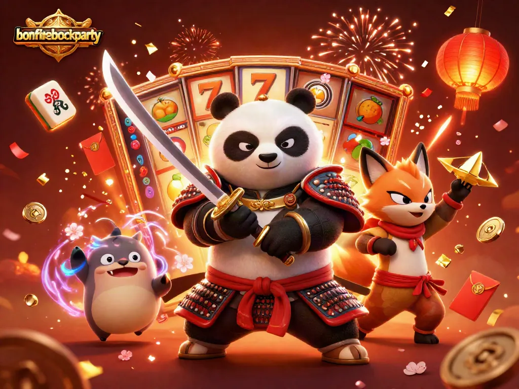 Experience the excitement of bonfireblockparty with samurai panda, ninja fox, and vibrant casino elements.