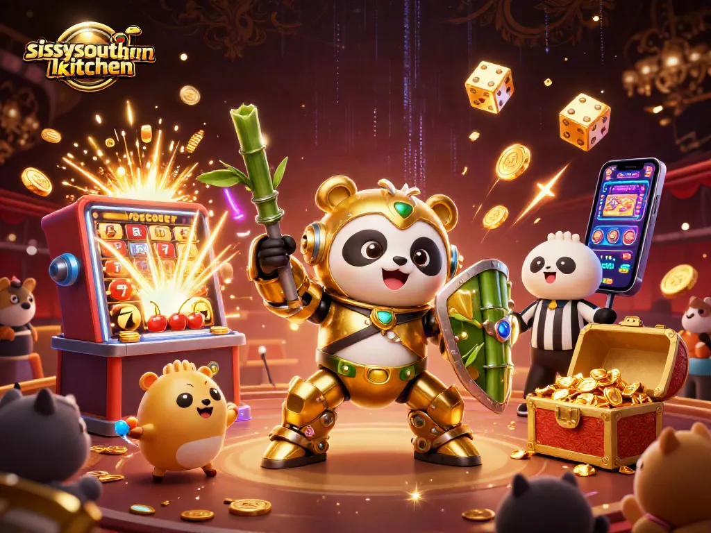 Sissy's Southern Kitchen showcases an epic gambling adventure with a golden panda in a mech-suit amidst rich casino elements.