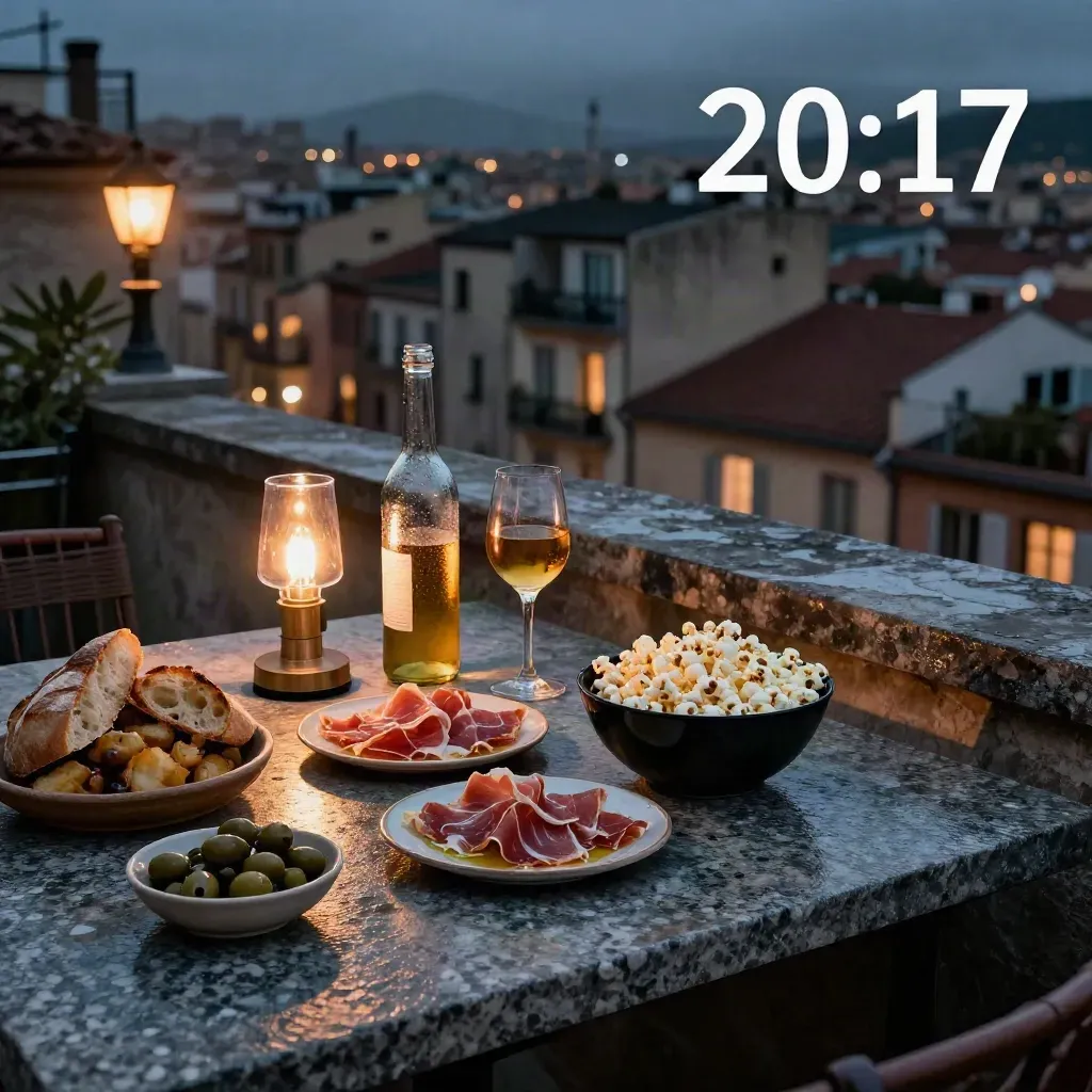 Mesa de azotea mojada con tapas, copa ámbar, botella y farol, al anochecer en una ciudad española.