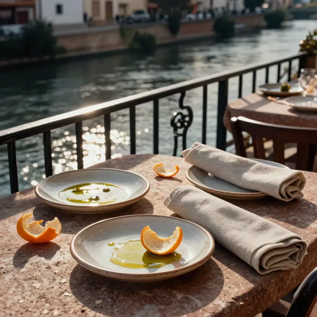 Terraza sevillana junto al río con tapas, servilletas al viento y reflejos cálidos.