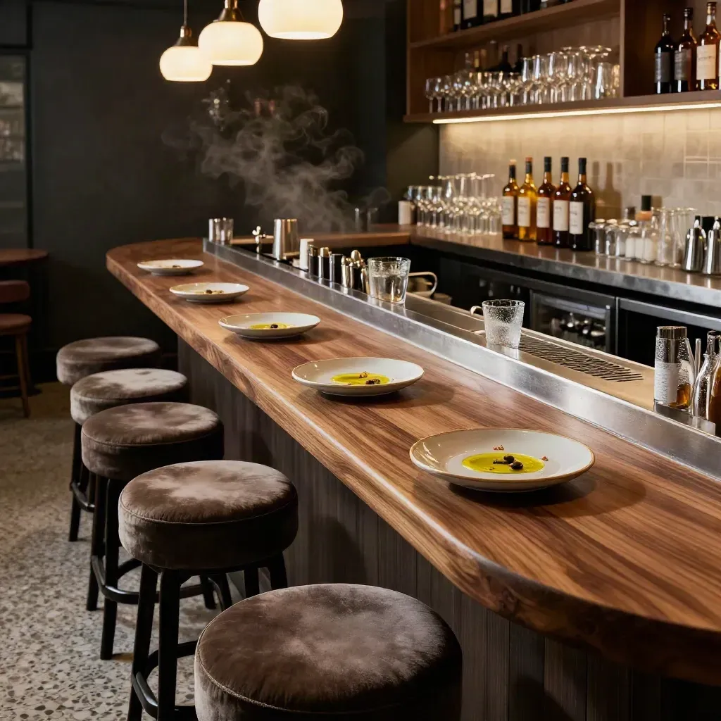 Barra de cena tardía con tres taburetes vacíos, platos pequeños y botellas iluminadas