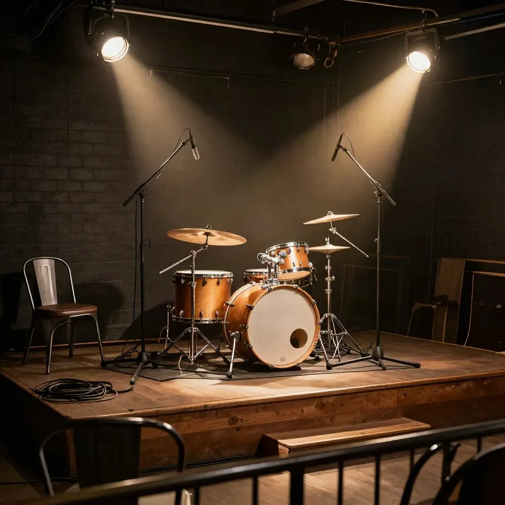Sala pequeña de conciertos vacía con batería, micrófonos y focos encendiéndose