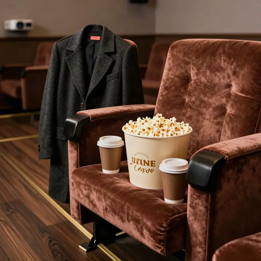 Rincón de cine vacío con palomitas, dos vasos, butaca de terciopelo y abrigo en luz cálida.