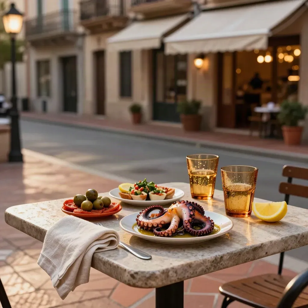 Terraza de Gràcia con tapas, copas ámbar y fachadas iluminadas al anochecer.