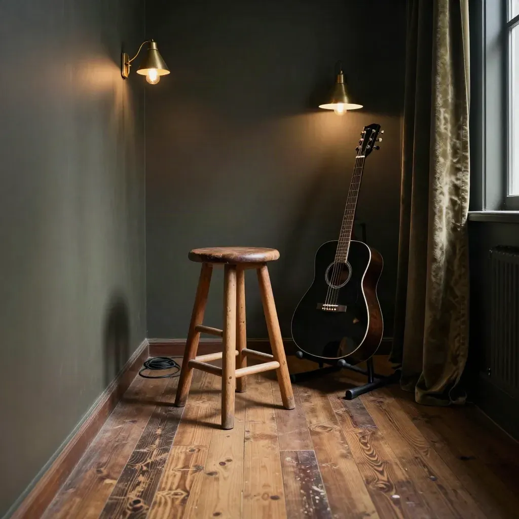 Sala íntima con taburete, soporte de guitarra y dos lámparas cálidas en un cuarto estrecho