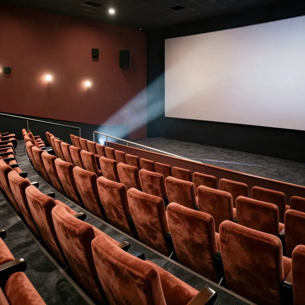 Auditorio de cine vacío con haz de proyección y luz cálida en el pasillo