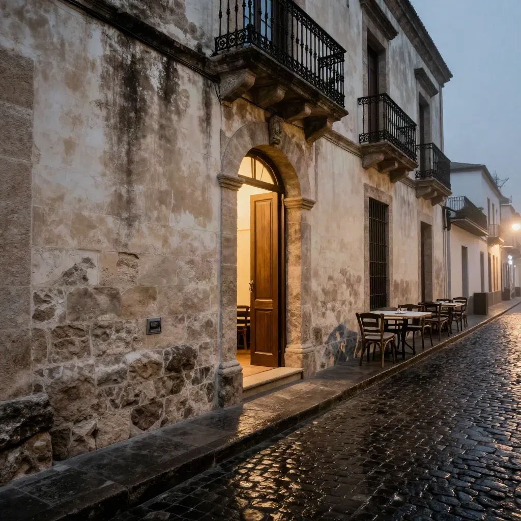 Esquina de El Carmen al anochecer, con terrazas vacías, piedra, puerta abierta y luz cálida.
