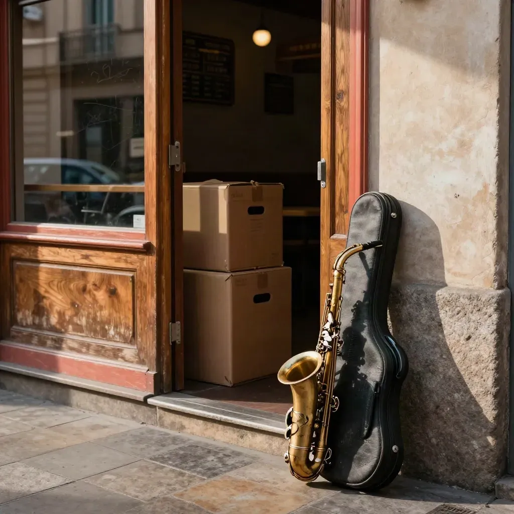 Fachada de un local de música en vivo con cajas apiladas y estuche de saxo junto a la puerta.