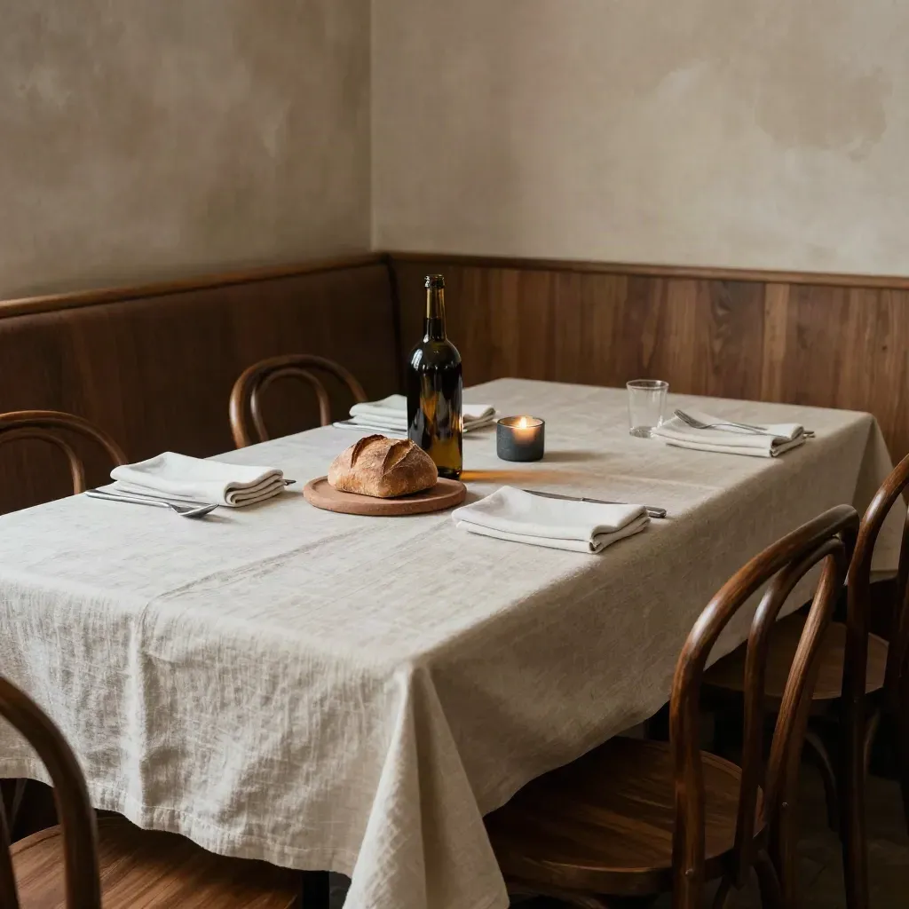 Mesa reservada en un restaurante íntimo, con pan, lino y luz cálida de tarde.