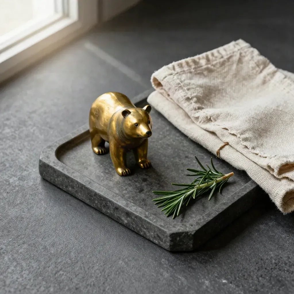 Figura de oso y madroño de latón con bandeja de piedra, lino y romero sobre fondo oscuro.