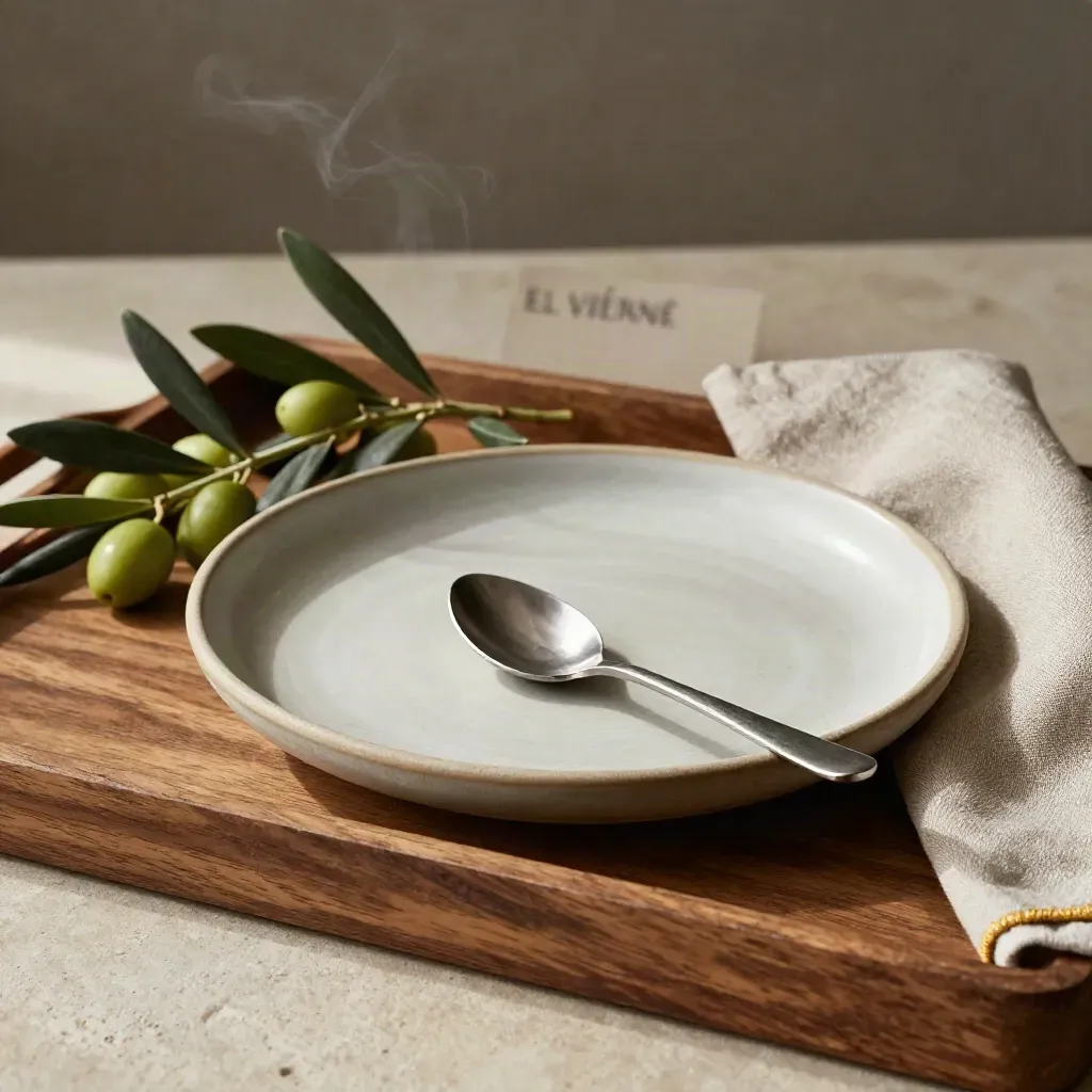 Platos de cerámica con oliva y servilleta sobre bandeja de roble