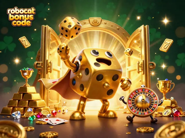 Experience the excitement with Robocat bonus code on vibrant 3D casino illustration featuring golden dice golem.