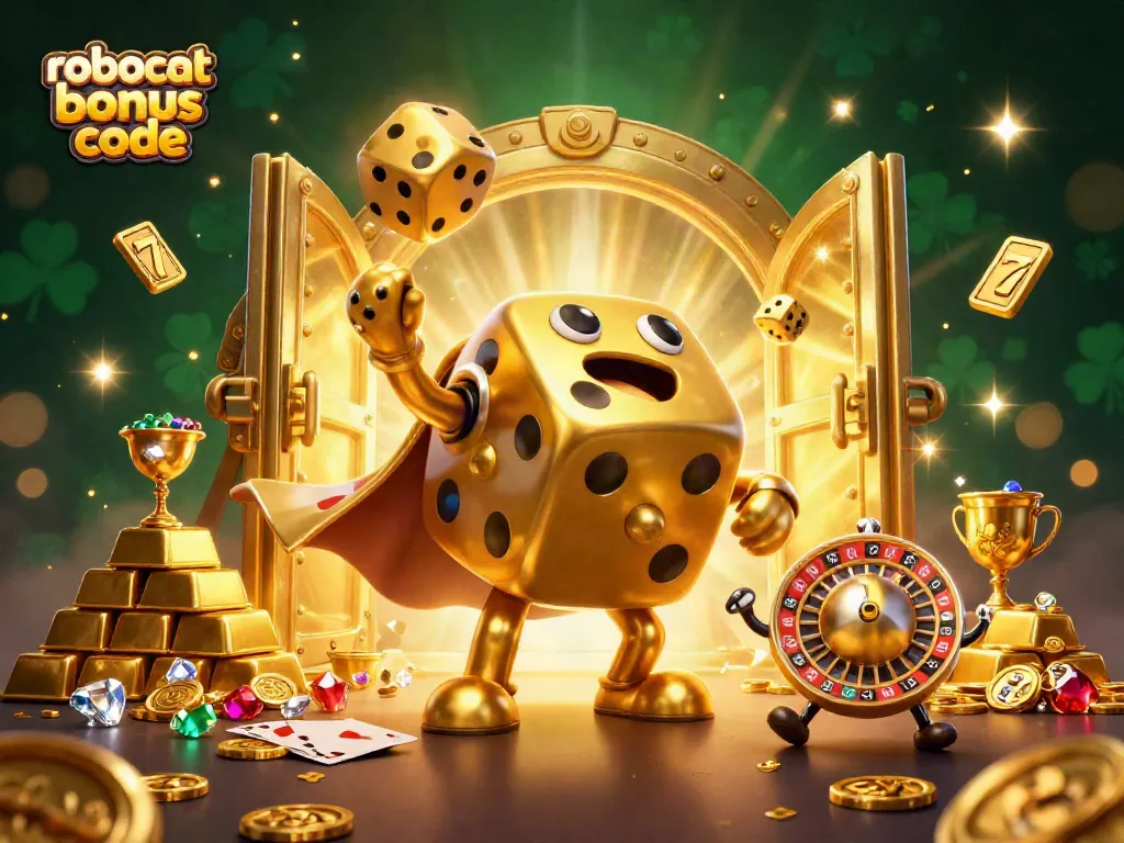 Experience the excitement with Robocat bonus code on vibrant 3D casino illustration featuring golden dice golem.