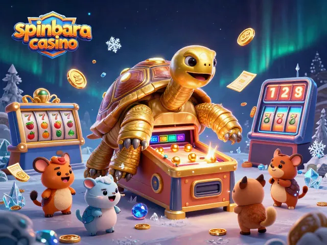 Experience the excitement of Spinbara Casino with a vibrant 3D illustration showcasing dynamic gaming elements.